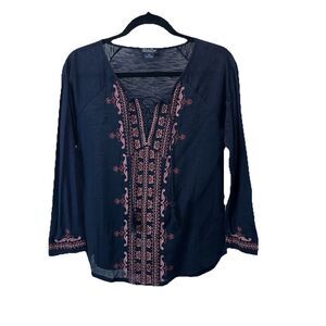 Lucky Brand Navy Blue Embroidered Boho Cottage Tassel Top Womens Size XS